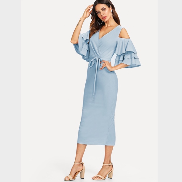 Cold Shoulder Ruffle Detail Pencil Midi Belt Dress - Picture 2 of 8